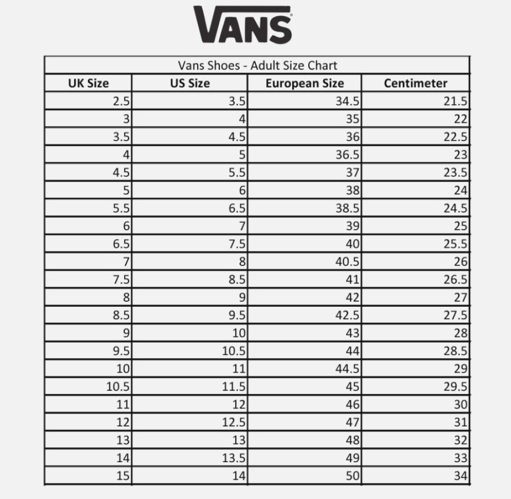 vans size chart women's shoes